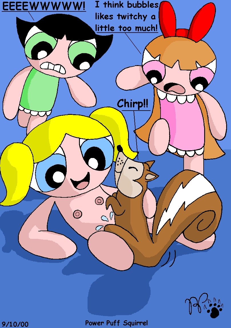 3_girls artist_name beastiality black_hair blonde_hair blossom_(ppg) blue_eyes bob_cut bubbles_(ppg) buttercup_(ppg) cartoon_network green_eyes kthanid multiple_girls powerpuff_girls red_eyes red_hair siblings sisters squirrel tied_hair twin_tails