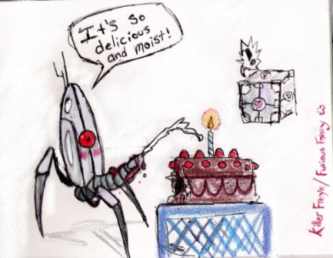 automated_turret cake_(food) chocolate_cake killerfreya portal_(series) portal_(video_game) text weighted_companion_cube