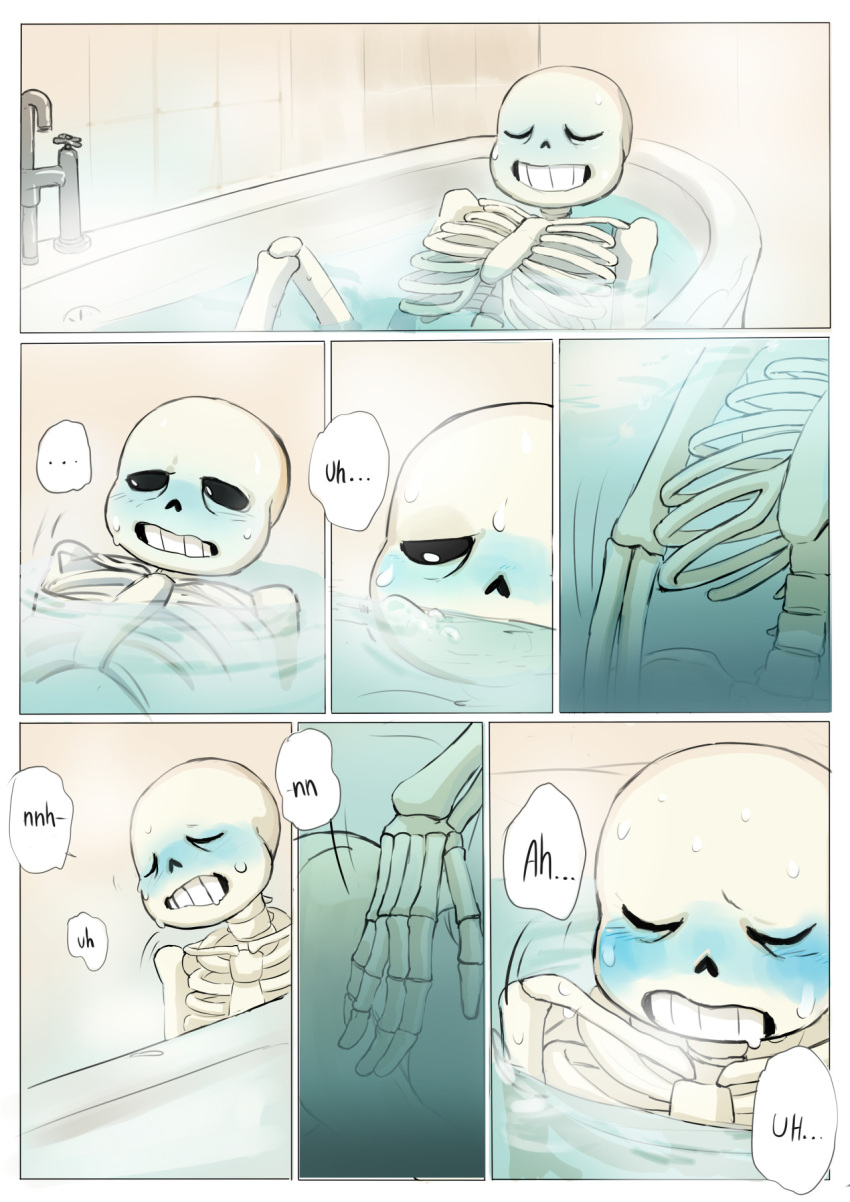 1boy 2010s animated_skeleton bathing bathroom bathtub blue_blush blush cheztnuts closed_eyes comic comic_page comic_panel completely_nude drooling english_text fingering fingering_self male male_masturbation male_only masturbation moaning monster nude rubbing sans sans_(undertale) sequence sequential skeleton solo_male speech_bubble sweat text text_bubble undead undertale undertale_(series) water