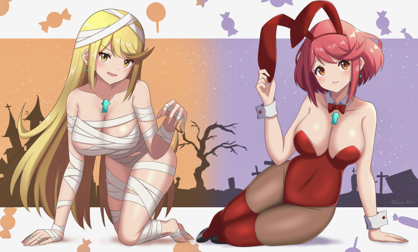 2_girls 6oryo_illust absurd_res alluring alternate_costume animal_ears arm_support bandages big_breasts blonde_hair bow bowtie breasts chest_jewel commentary_request covered_navel detached_collar earrings fake_animal_ears full_body halloween high_res jewelry leotard long_hair looking_at_viewer lying multiple_girls mummy mummy_costume mythra naked_bandage nintendo on_side pantyhose playboy_bunny pyra rabbit_ears red_eyes red_hair ryochan96154 short_hair stockings strapless strapless_leotard swept_bangs tombstone very_long_hair wrist_cuffs xenoblade_(series) xenoblade_chronicles_2 yellow_eyes
