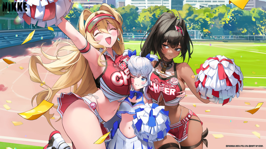 3_girls absurd_res bay_(nikke) between_breasts big_breasts black_hair blonde_hair blue_eyes blush breast_press breast_smother breasts brown_eyes cheerleader clay_(nikke) closed_eyes closed_mouth crop_top day face_between_breasts face_to_breasts goddess_of_victory:_nikke hair_intakes head_between_breasts height_difference high_res long_hair looking_at_another multiple_girls navel one_eye_closed open_mouth outside pleated_skirt poli_(nikke) pom_pom_(clothes) red_skirt sandwiched short_twintails skirt standing twin_tails visor_cap white_hair white_skirt yuri