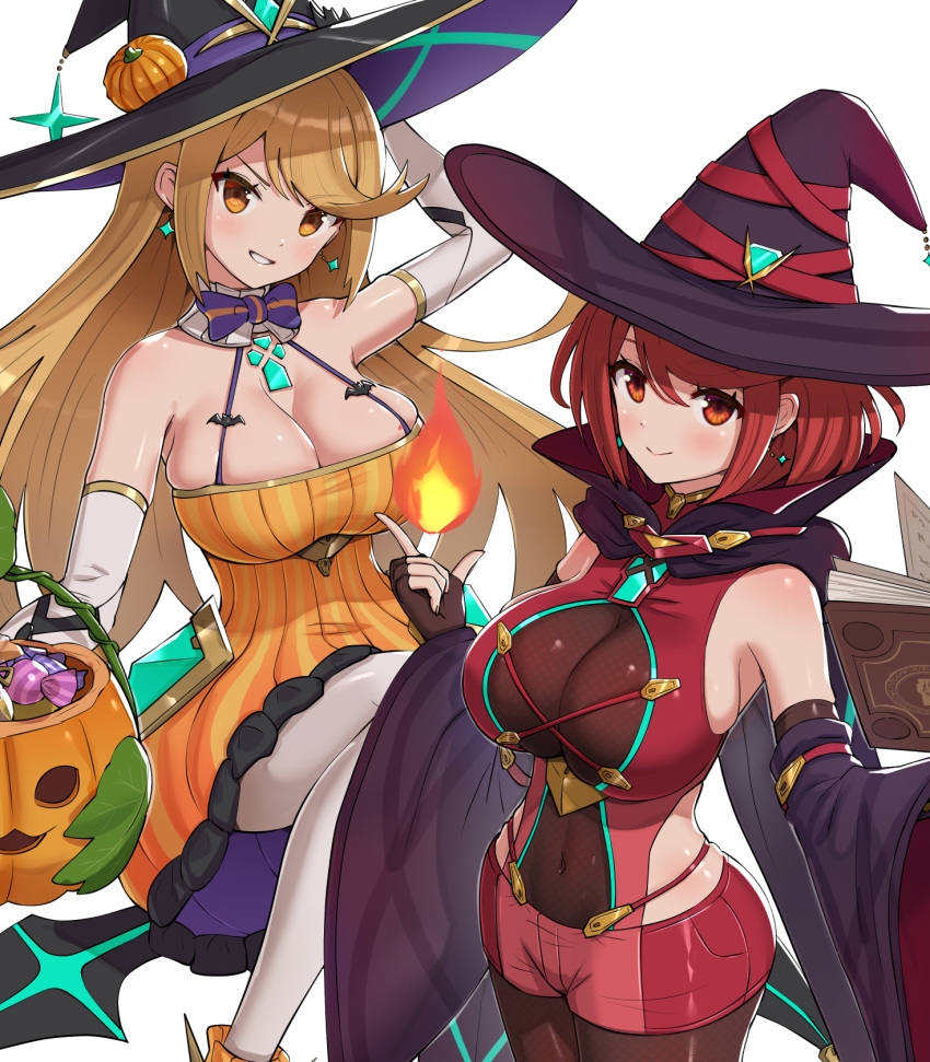 2021 2girls alluring arm_up bangs big_breasts blonde_hair bowtie breasts candy cleavage core_crystal detached_collar detached_sleeves earrings female_focus female_only fire gold_eyes gonzarez halloween hat high_res large_hat latex leggings light_blush long_hair looking_at_viewer magic mythra nintendo orange_clothing pumpkin pyra red_clothing red_eyes red_hair sheer_legwear short_hair simple_background sitting smile spellbook swept_bangs thick_thighs thighs tight_clothing tight_fit tights white_background white_leggings witch witch_costume witch_hat xenoblade_(series) xenoblade_chronicles_2