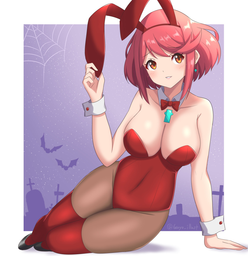 1girl 6oryo_illust alluring alternate_costume big_breasts breasts bunny_ears bunnysuit female_only heroine latex looking_at_viewer milf nintendo pyra red_eyes red_hair xenoblade_(series) xenoblade_chronicles_2
