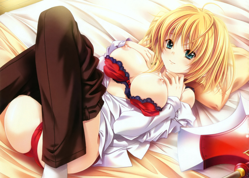1girl absurd_res absurdres ahoge aqua_eyes axe bed big_breasts blonde_hair bow bow_bra bra breasts copyright_request dress_shirt high_res highres large_breasts lingerie lying miyama-zero nipples on_back panties pillow red_bra red_panties seductive_smile shirt smile solo underwear weapon