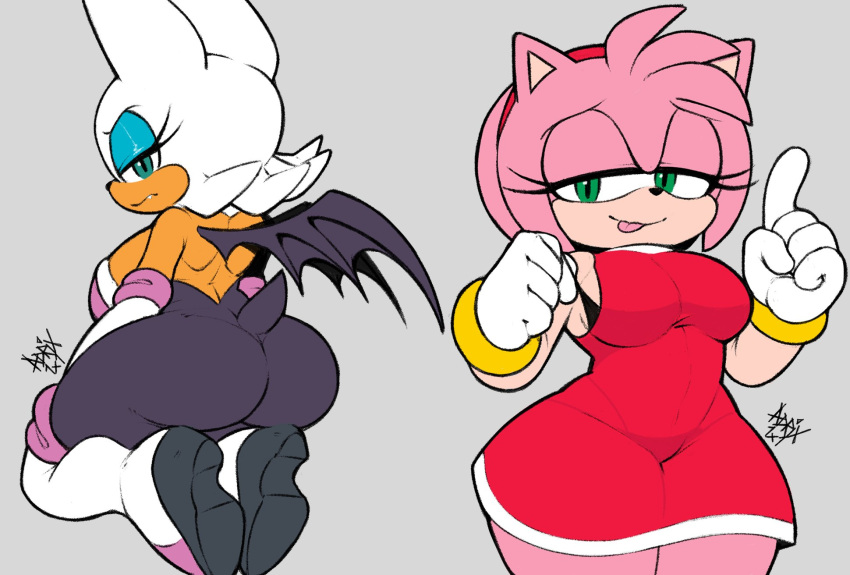 2023 2girls a1x1az amy_rose annoyed anthro ass bat big_ass big_breasts boots bra breasts clothed clothing dat_ass duo eulipotyphlan eyeshadow female female_only footwear fur gloves green_eyes hair handwear hedgehog high_heeled_boots high_heels high_res kneel looking_back makeup mammal pink_hair rouge_the_bat sega smug_expression sonic_the_hedgehog_(series) tongue tongue_out underwear white_body white_fur wings