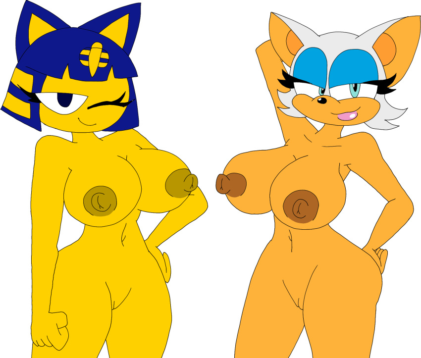 2_girls ankha ankha_(animal_crossing) anthro breasts eye_shadow fully_nude looking_at_viewer mobian pink_lips pussy rouge_the_bat sexy_pose