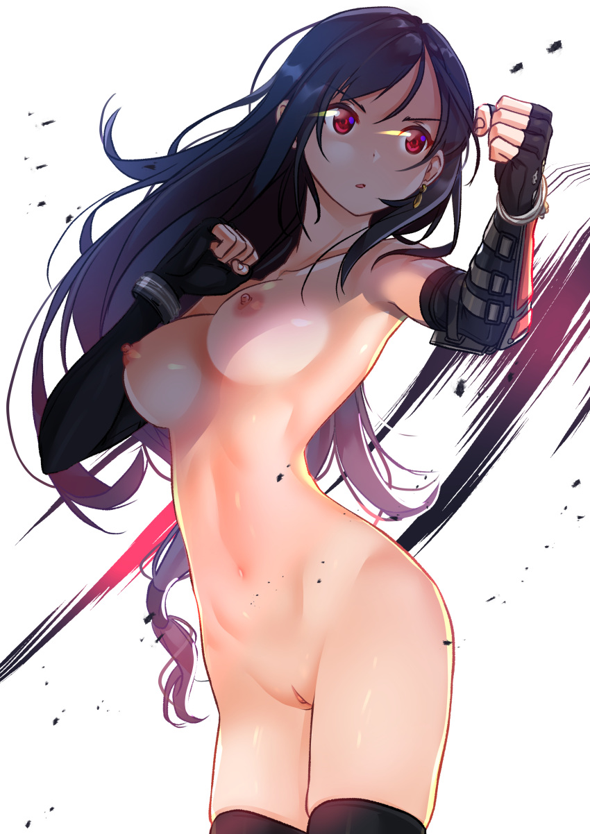 1girl big_breasts black_legwear breasts earrings elbow_gloves elbow_pads fighting_stance final_fantasy final_fantasy_vii final_fantasy_vii_remake fingerless_gloves gloves high_resolution jewelry long_hair low-tied_long_hair nude paid_reward patreon_reward pussy red_eyes stockings sydusarts tied_hair tifa_lockhart very_high_resolution