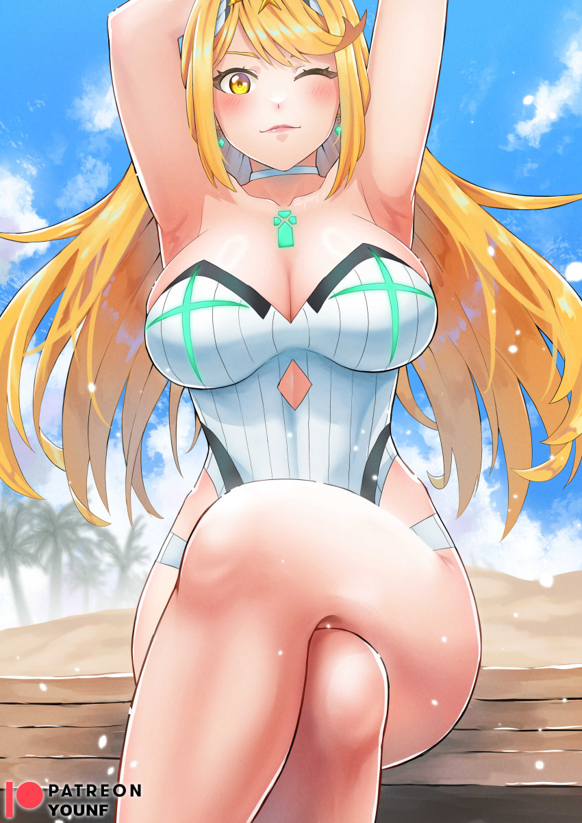 1girl alluring arms_up bare_legs big_breasts breasts core_crystal crossed_legs heroine knees legs_crossed mythra nintendo one-piece_swimsuit swimsuit tiara wink winking_at_viewer xenoblade_(series) xenoblade_chronicles_2 yellow_eyes yellow_hair younf_