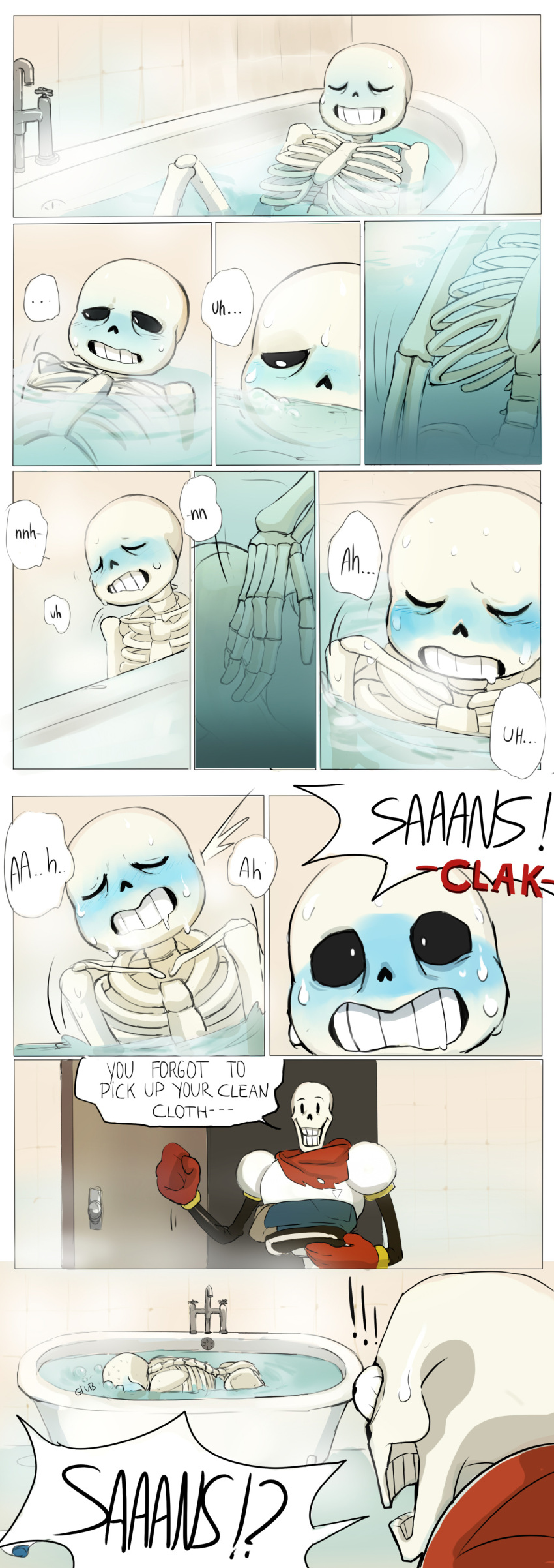 !!! !? 2010s 2boys almost_caught animated_skeleton ass bathing bathroom bathtub blue_blush blush brother brother_and_brother brothers bulging_eyes cheztnuts closed_eyes clothed clothing comic comic_page comic_panel completely_nude door drooling duo edit edited english_text fingering fingering_self hand_behind_head holding_clothes holding_clothing holding_object long_image male male_masturbation male_only masturbation moaning monster nude open_door papyrus papyrus_(undertale) pussy rubbing sans sans_(undertale) sequence sequential shocked shouting skeleton solo_male speech_bubble surprised sweat talking_to_another tall_image text text_bubble third-party_edit undead undertale undertale_(series) walk-in water yelling