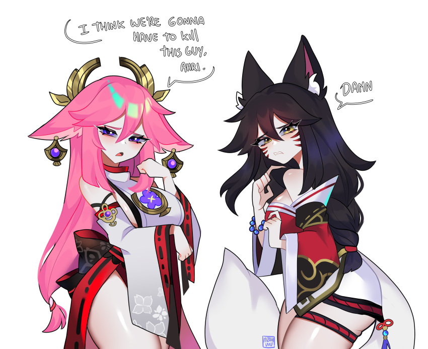 2girls absurd_res ahri_(league_of_legends) animal_ear_fluff animal_ears animification big_breasts black_hair blush braid breasts brown_eyes crossover detached_sleeves disgust english_text fox_ears fox_girl fox_tail frown genshin_impact hair_between_eyes halter_shirt halterneck high_res i_think_we're_gonna_have_to_kill_this_guy_steven_(meme) japanese_clothes kimono league_of_legends medium_breasts meme mizah_(mizah) multiple_girls pink_hair purple_eyes red_kimono red_skirt riot_games skirt tail trait_connection white_background yae_miko