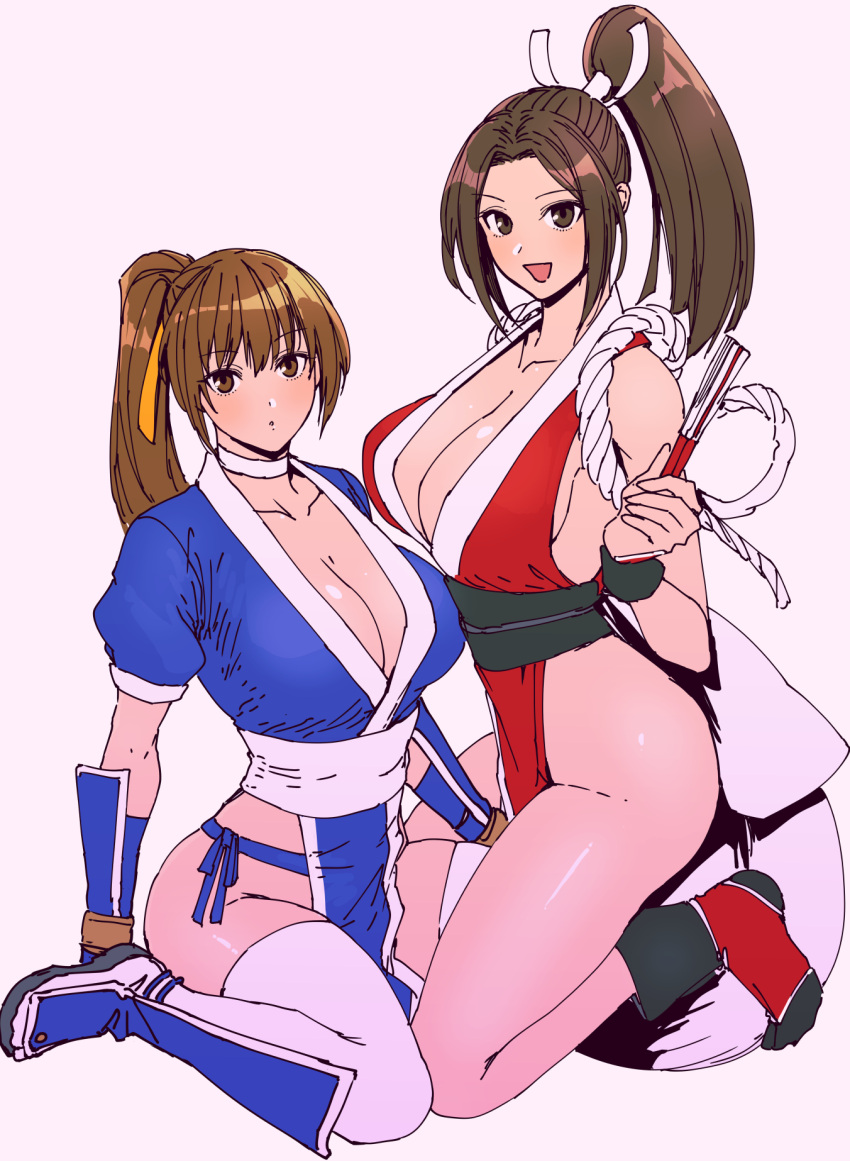 2_girls alluring big_breasts breasts brown_eyes brown_hair choker cleavage crossover dead_or_alive dead_or_alive_2 dead_or_alive_3 dead_or_alive_4 dead_or_alive_5 dead_or_alive_6 dead_or_alive_xtreme dead_or_alive_xtreme_2 dead_or_alive_xtreme_3_fortune dead_or_alive_xtreme_beach_volleyball dead_or_alive_xtreme_venus_vacation fatal_fury female_focus hair_ribbon hand_fan high_res holding holding_fan iwamoto_eiri iwamotobusta kasumi kasumi_(doa) kneel long_hair looking_at_viewer mai_shiranui matching_hair/eyes multiple_girls naked_under_clothes ninja no_bra no_panties no_underwear nude_underneath open_mouth pelvic_curtain ponytail ribbon shiranui_mai short_sleeves sideboob sitting sleeveless smile snk stockings tecmo the_king_of_fighters trait_connection white_choker white_thighhighs yellow_ribbon