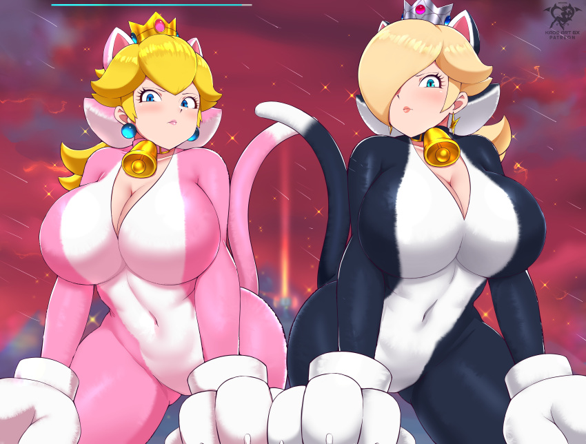 1girl 2022 2_girls alluring alternate_costume animal_hands artist_logo artist_signature big_breasts blonde_hair blue_eyes bowser's_fury cat_costume cat_ears cat_peach cat_rosalina cat_suit cleavage clothed clothed_female crown female_only hair_over_one_eye high_res hips kaos_art kneel long_hair looking_at_viewer mario_(series) nintendo outside paw_gloves paws png princess princess_peach princess_rosalina red_sky rosalina royalty slim_waist super_bell super_mario_3d_world tail tail_accessory thick_thighs thighs very_high_resolution wide_hips