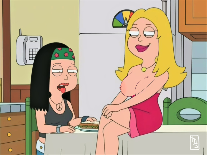 american_dad breasts francine_smith hayley_smith nipples no_bra smile thighs tongue_out topless