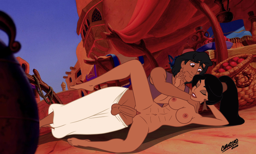 1boy 1girl aladdin aladdin_(series) arabian athletic_female breasts canon_couple chancero clothed_male_nude_female completely_nude_female disney disney_prince disney_princess female_abs fit_female happy_sex husband_and_wife princess princess_jasmine public_sex sex spoon_position spooning straight vaginal vaginal_penetration