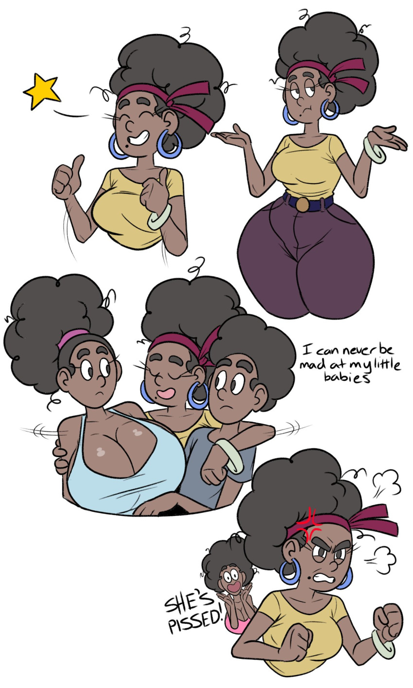 1girl afro angry ass big_ass big_breasts black_eyes breasts clenched_teeth closed_eyes comic dark-skinned_female dark-skinned_male male milf mother_&amp;_daughter mother_&amp;_son shrug small_breasts smile text thick_thighs thumbs_up wappah wappah_fitzgerald_(wappah) wappai_fitzgerald_(wappah) whoopie_fitzgerald_(wappah)