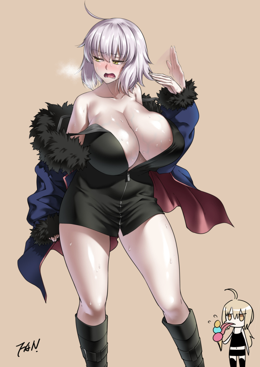 2girls ahoge artoria_pendragon artoria_pendragon_(alter) bare_shoulders black_footwear blonde_hair boots breasts brown_background collarbone duo fan_(f.w.zholic) fate/grand_order fate_(series) food fur_trim high_res high_resolution hot huge_breasts ice_cream jeanne_d'arc_(alter) jeanne_d'arc_(fate) long_hair long_sleeves looking_to_the_side open_mouth saber saber_alter short_hair silver_hair simple_background solo_focus standing sweat unzipped veins veiny_breasts wavy_mouth yellow_eyes
