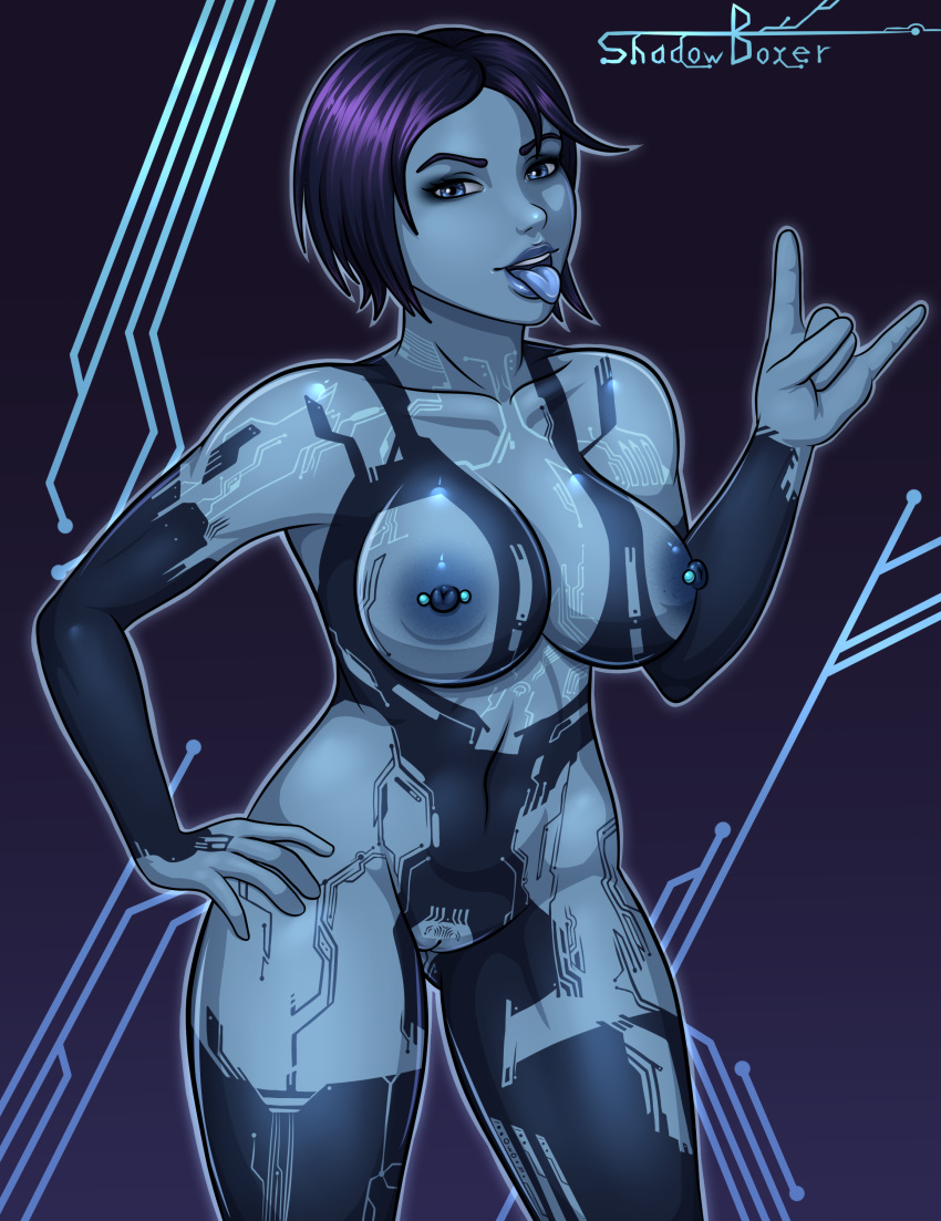 areolae big_breasts blue_eyes blue_hair blue_skin breasts cortana female halo_(series) nipples pussy shadowboxer solo