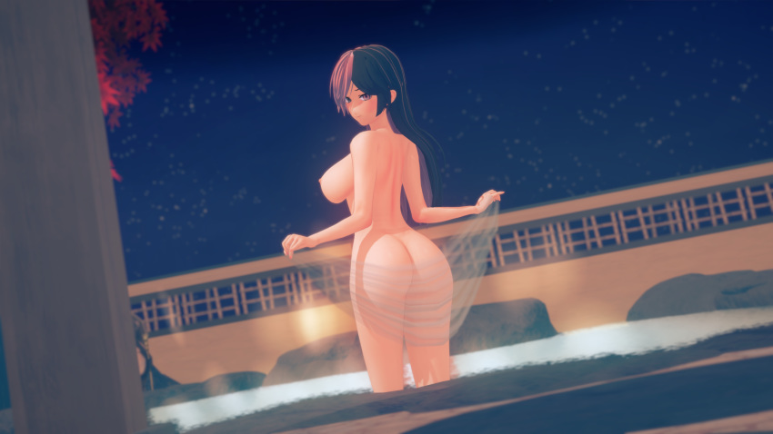 16:9_aspect_ratio 1girl 1girl 1girl ass back big_breasts blush breasts brown_eyes brown_hair come_hither from_behind heterochromia high_resolution long_hair looking_at_viewer looking_back multicolored_hair neo_politan night night_sky nude nyxxzeiss onsen pink_eyes pink_hair rwby sideboob sky smile star_(sky) thighs tree water