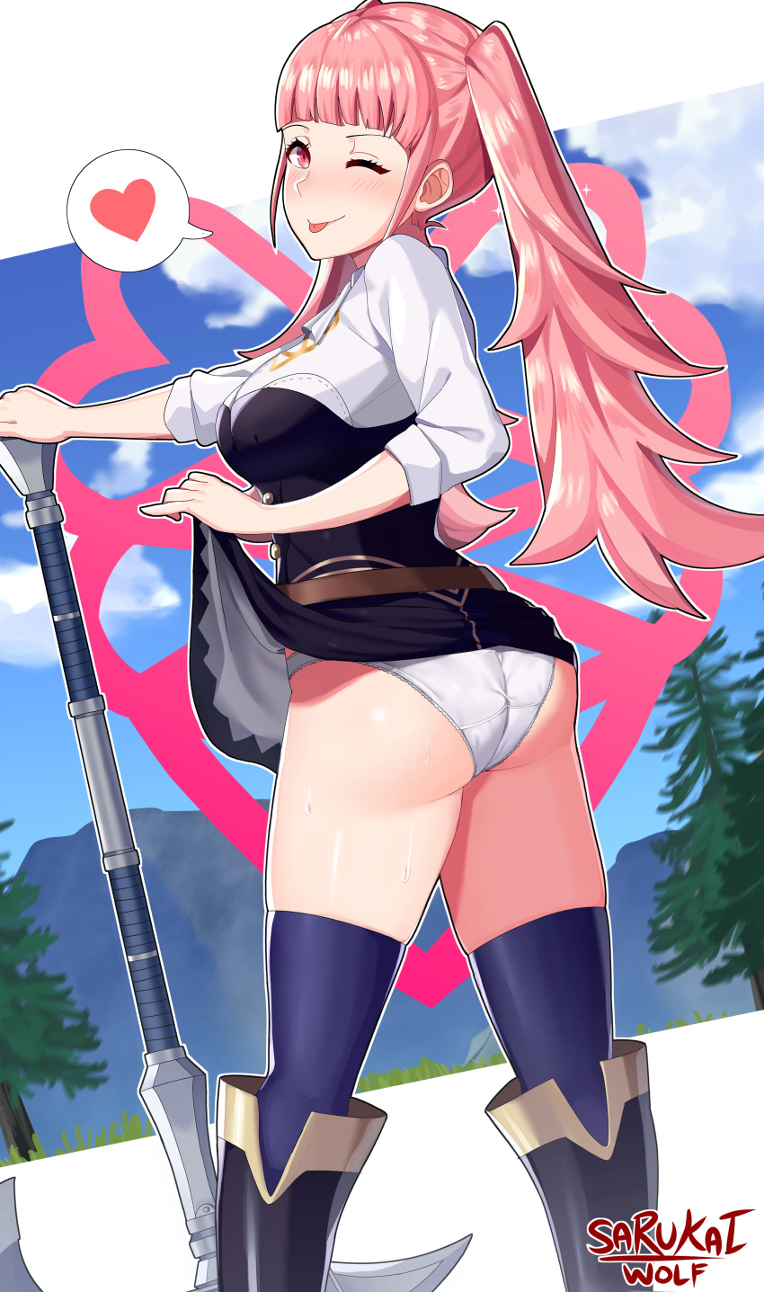 1girl 1girl absurd_res artist_name ass big_ass big_breasts breasts clothed_female female_focus female_only fire_emblem fire_emblem:_three_houses fully_clothed heart high_res hilda_valentine_goneril inviting long_hair nintendo one_eye_closed panties pink_eyes pink_hair sarukaiwolf skirt skirt_lift solo_female solo_focus tagme teen thick_thighs video_game_character video_game_franchise wink