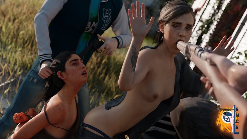 1girl 2_girls 2boys 3d bandit blender brown_hair captured dina domination ellie fear feverlence flaccid gun gun_to_head hand_up human looking_at_another naughty_dog open_mouth panties panties_down resisting scared small_breasts tattoo teen the_last_of_us the_last_of_us_2