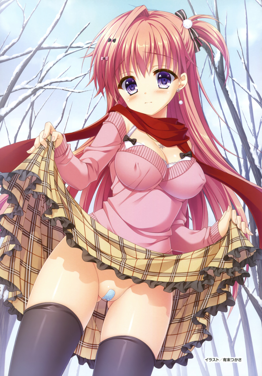 1girl arisue_tsukasa ass_visible_through_thighs bandaid_on_pussy bare_tree black_legwear closed_mouth erect_nipples_under_clothes exhibitionism kin'iro_loveriche kuryuu_akame lifted_by_self looking_at_viewer medium_breasts one_side_up outside pink_hair purple_eyes skirt_lift standing stockings white_bra winter_(artbook)