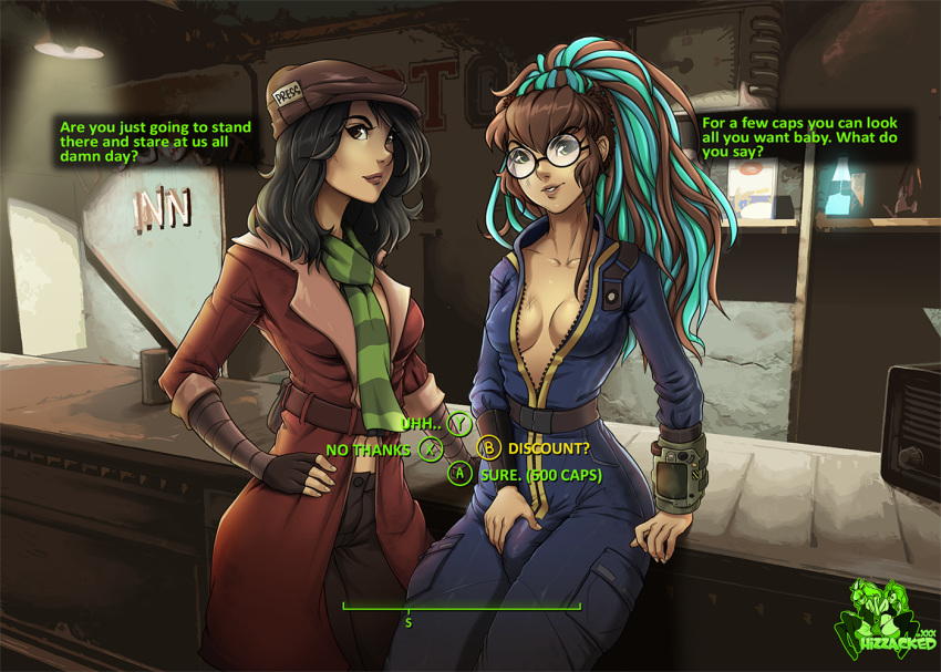 bespectacled breasts bulge cleavage english_text fallout fallout_4 fingernails futanari glasses hizzacked nipples_under_clothes piper_wright text watermark