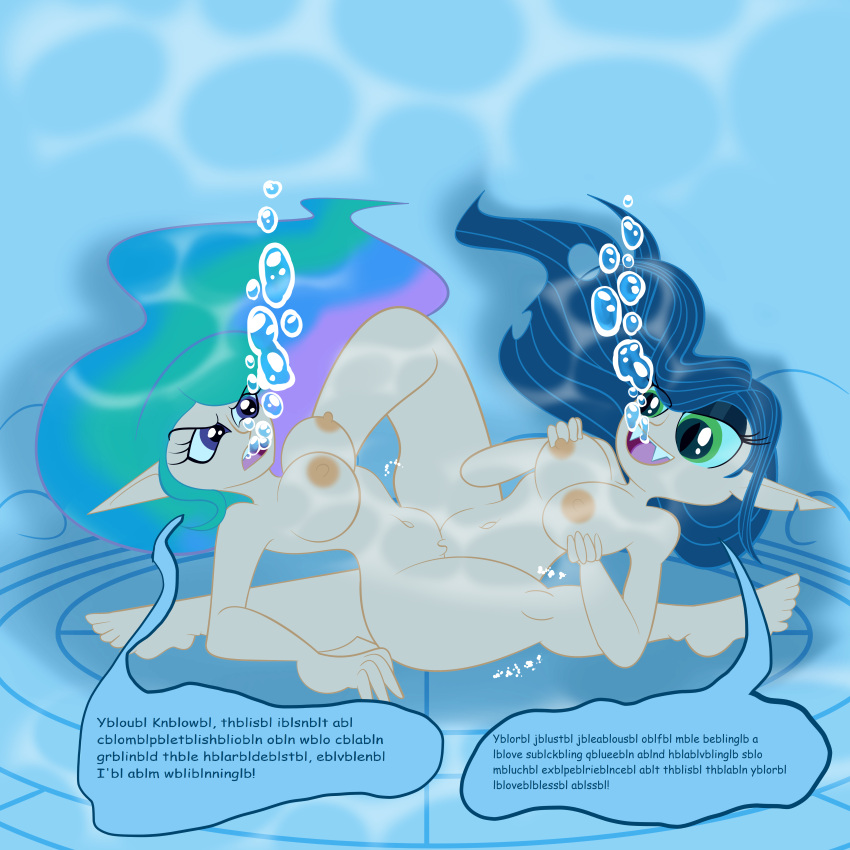 2girls aquaphilia belly_button breasts bubble colored dialogue elf_ears female females_only fetish flat_colors friendship_is_magic hasbro humanized muffled_words my_little_pony nipples nudity princess_celestia princess_celestia_(mlp) queen_chrysalis queen_chrysalis_(mlp) sex show_accurate the1stmoyatia tribadism underwater underwater_sex water yuri