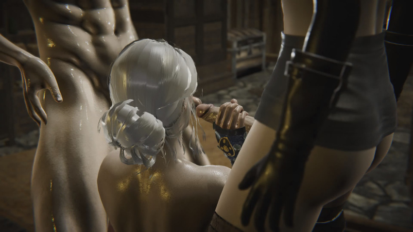 16:9 1boy 1futa 1girl 3d back bare_shoulders black_gloves black_skirt ciri completely_nude_male double_handjob futa futanari futanari_on_female futanari_with_female geralt_of_rivia gloves indoors licking licking_penis light-skinned light-skinned_female light-skinned_futanari light_skin partially_clothed penis penis_grab penis_tip room shoulders skirt sweat the_witcher the_witcher_3:_wild_hunt threesome wet white_hair yennefer