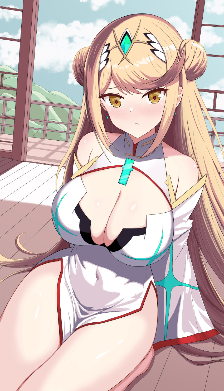 1girl absurd_res alluring alternate_costume alternate_hairstyle bare_legs bare_shoulders big_breasts blonde_hair blue_sky chest_jewel china_dress chinese_clothes cleavage cleavage_cutout closed_mouth clothing_cutout cloud covered_navel detached_sleeves double_bun dress drop_earrings earrings hair_bun high_res jewelry long_hair mythra mythra_(xenoblade) nintendo on_floor pelvic_curtain seiza sitting sky sleeveless sleeveless_dress sleeves_past_fingers sleeves_past_wrists swept_bangs tiara white_dress white_sleeves wide_sleeves wooden_floor xenoblade_(series) xenoblade_chronicles_2 yellow_eyes yoshikirino