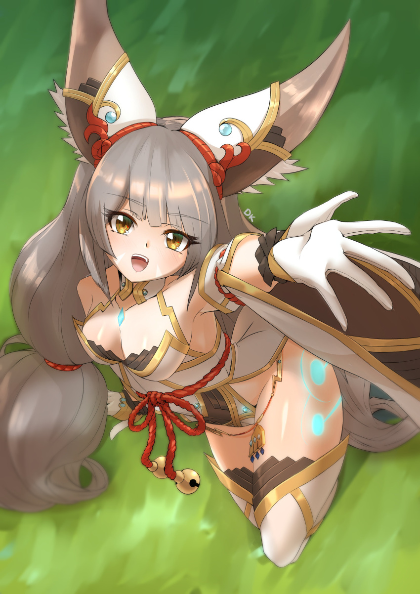 1girl alluring animal_ears cat_ears chest_jewel cleavage deekei detached_sleeves facial_mark grey_hair high_res highleg highleg_leotard leotard long_hair looking_at_viewer low_twintails medium_breasts nia nia_(blade)_(xenoblade) nia_(xenoblade) nintendo smile stockings twin_tails very_long_hair xenoblade_(series) xenoblade_chronicles_2 yellow_eyes