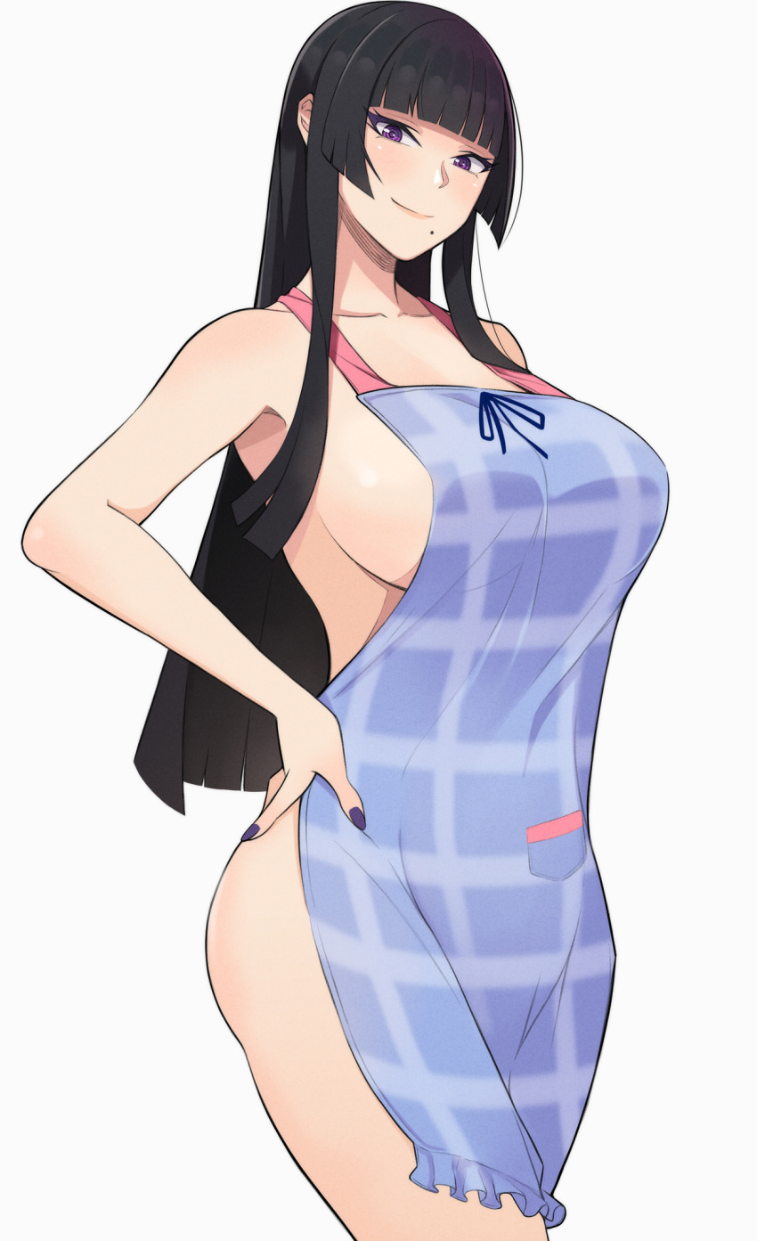 1girl alluring apron_only big_breasts black_hair cleavage dead_or_alive dead_or_alive_6 dead_or_alive_xtreme dead_or_alive_xtreme_2 dead_or_alive_xtreme_3 dead_or_alive_xtreme_3_fortune dead_or_alive_xtreme_beach_volleyball dead_or_alive_xtreme_venus_vacation konishiki_(52siki) naked_aporn pin_up purple_hair tecmo