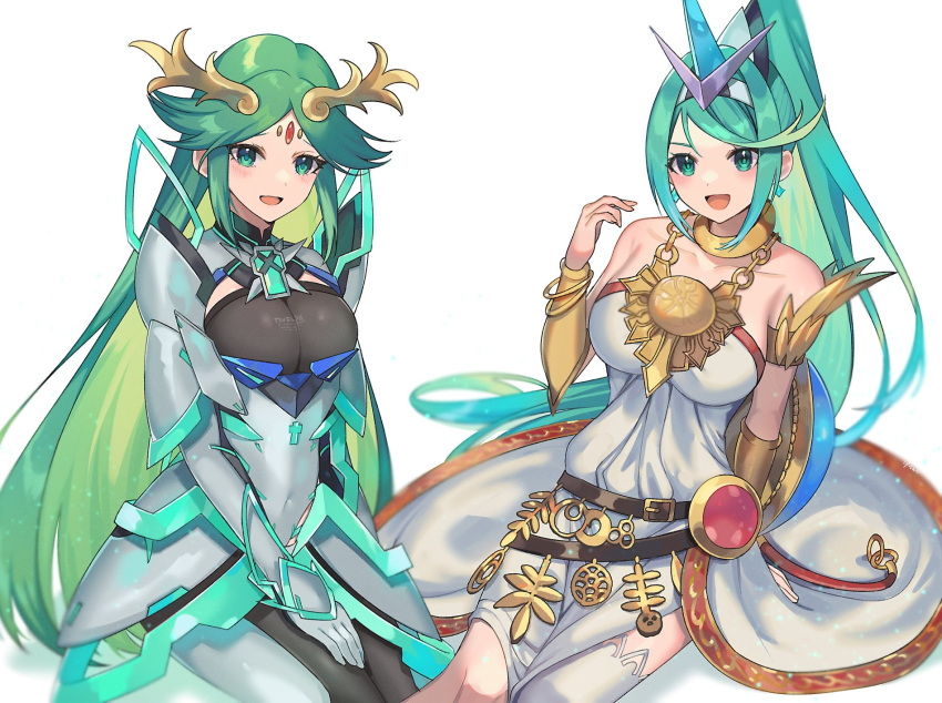 2_girls alluring ancient_greek_clothes armlet big_breasts bracelet bracer chest_jewel chiton company_connection cosplay costume_switch crossover dress female_focus green_eyes green_hair high_res jewelry kid_icarus kid_icarus_uprising long_hair matching_hair/eyes multiple_girls nintendo palutena pneuma_(xenoblade) ponytail single_thighhigh stockings strapless strapless_dress tiara trait_connection very_long_hair white_legwear xenoblade_(series) xenoblade_chronicles_2 yasaikakiage