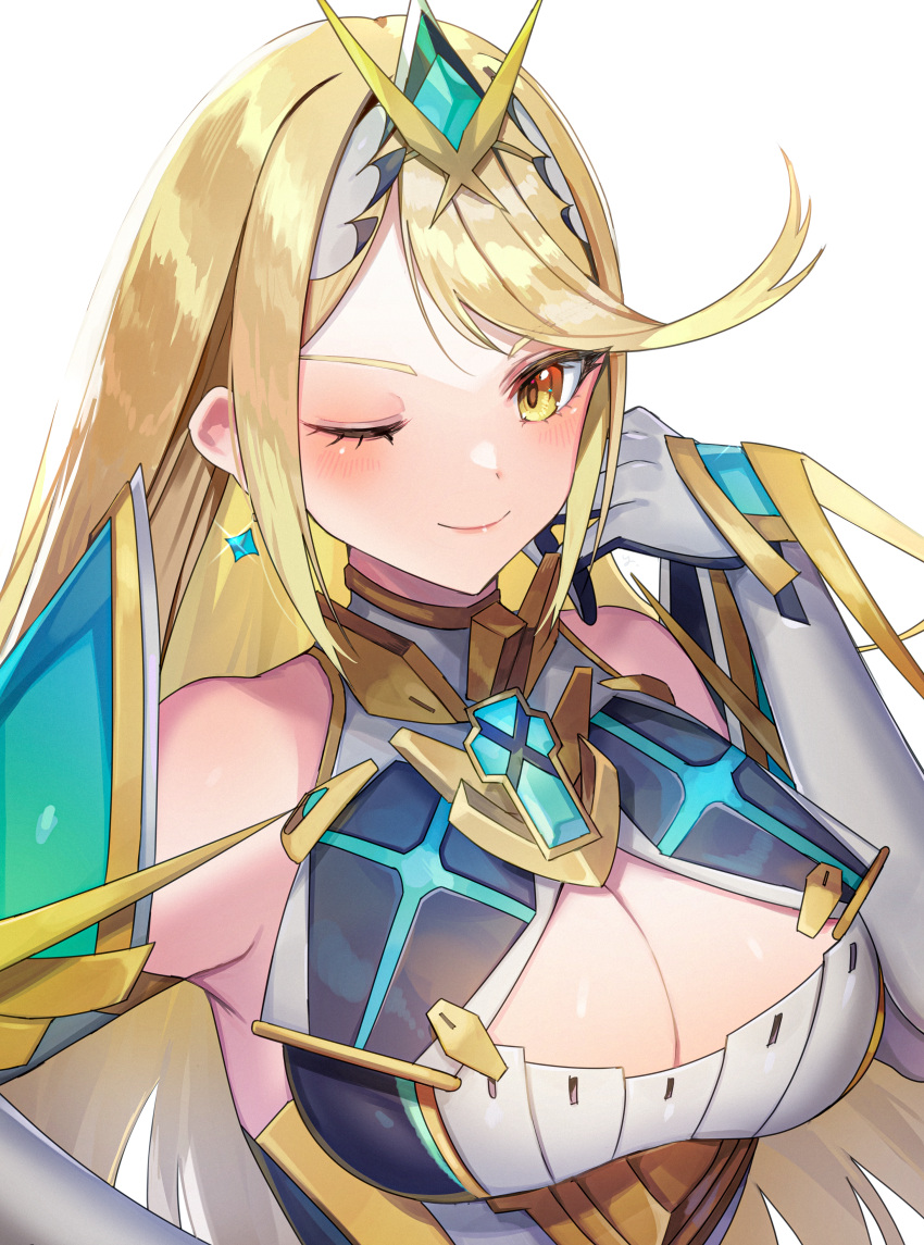 1girl absurd_res alluring bare_shoulders big_breasts blonde_hair chest_jewel cleavage cleavage_cutout clothing_cutout dress earrings elbow_gloves gem gloves headpiece high_res jewelry long_hair mythra mythra_(xenoblade) nintendo short_dress swept_bangs tiara very_long_hair white_dress white_gloves xenoblade_(series) xenoblade_chronicles_2 yasaikakiage yellow_eyes