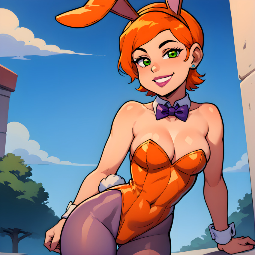 1girl ai_generated breasts bunny_ears bunnysuit fake_animal_ears female_only green_eyes orange_hair playboy_bunny playboy_bunny_leotard rabbit_ears short_hair stable_diffusion thick_thighs wide_hips