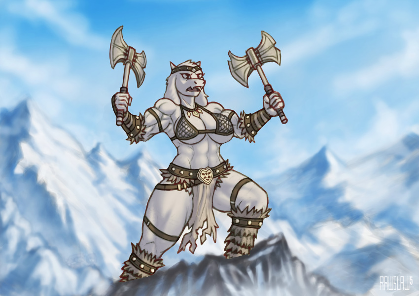 1girl 2d 2d_(artwork) abs anthro anthro_only axe big_breasts breasts cleavage deltarune digital_media_(artwork) female_only goat holding_axe holding_weapon horns mammal milf muscle muscular_female rawslaw5 skimpy sky toriel undertale undertale_(series) video_game_character video_games weapon white_fur