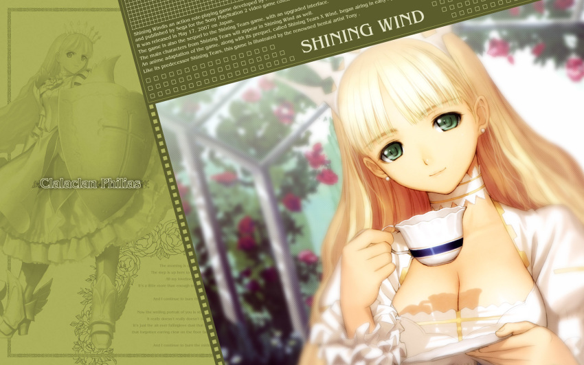 1girl armor bangs blonde_hair blunt_bangs boots breasts choker clalaclan_philias cleavage close-up crown cup dress earrings english flower frills green_eyes hat high_heels highres jewelry large_breasts long_hair official_art parted_bangs plate princess sega shield shining_(series) shining_wind shoes smile solo taka_tony taka_tony_(artist) takayuki_tanaka takayuki_tanaka_(artist) tanaka_takayuki tanaka_takayuki_(artist) tea teacup tony_taka tony_taka_(artist) very_long_hair wallpaper widescreen