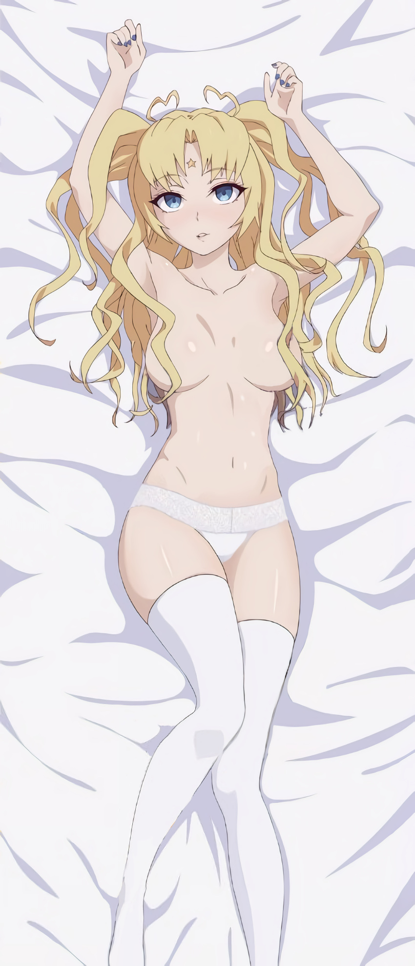 1girl arms_up bed_sheet big_breasts blonde_hair cleavage looking_at_viewer lyra_stella lyraart nude_female on_back sct_project shiny_skin white_legwear