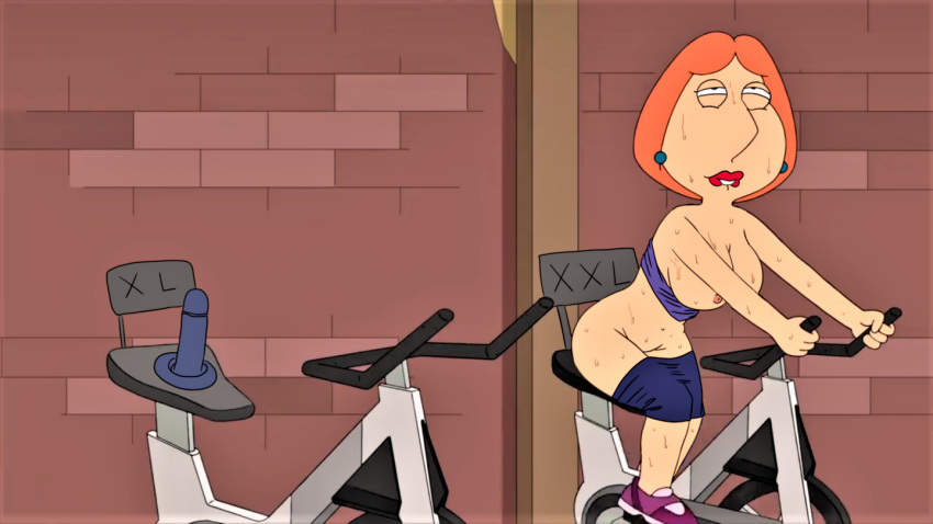 ass biting_lip breasts dildo dildo_sitting erect_nipples exercise_bike family_guy lois_griffin pants_down sweating thighs