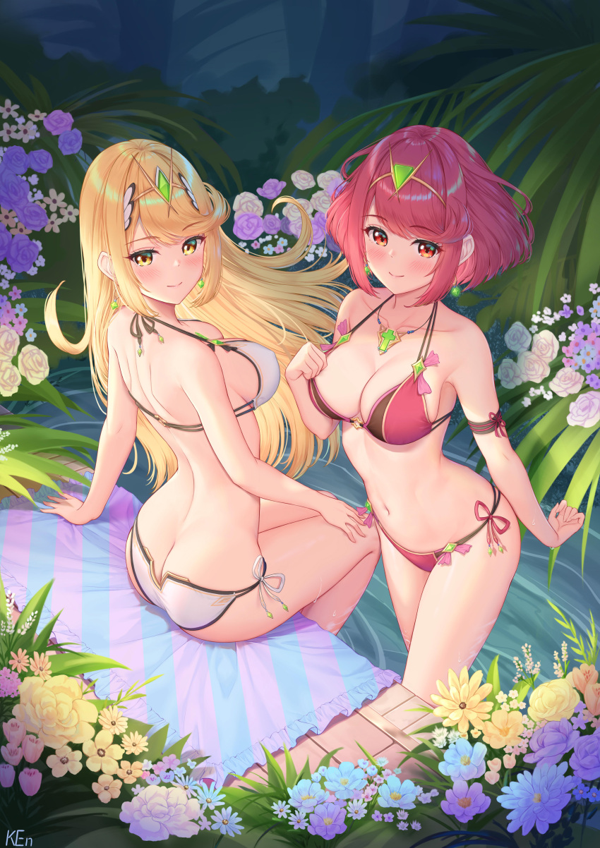 2_girls absurd_res alluring big_breasts bikini blonde_hair breasts butt_crack cleavage collarbone flower from_above halterneck hand_on_own_chest hand_on_own_knee high_res jewelry ken-san long_hair looking_at_viewer multiple_girls mythra mythra_(xenoblade) navel necklace nintendo pyra pyra_(xenoblade) red_bikini red_eyes red_hair short_hair side-tie_bikini_bottom sitting smile standing string_bikini swimsuit tiara white_bikini xenoblade_(series) xenoblade_chronicles_(series) xenoblade_chronicles_2 yellow_eyes
