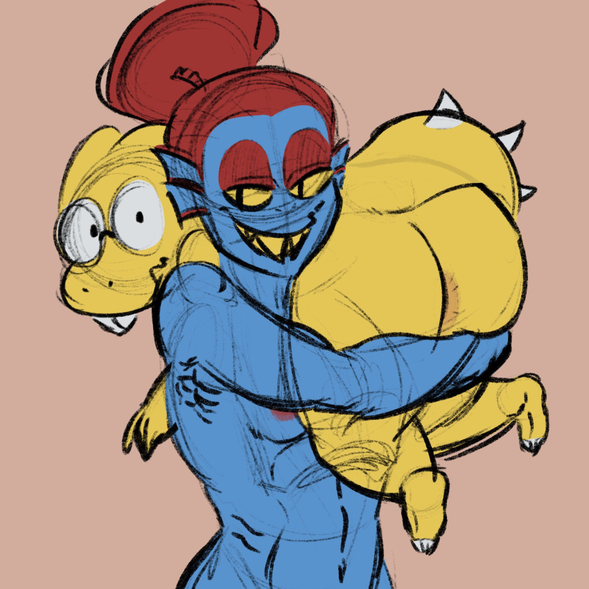 1:1 1:1_aspect_ratio 2021 2_girls 2girls alphyne alphys alphys_(undertale) alternate_version_available anus ass blue_body blue_skin breasts canon_couple carrying carrying_over_shoulder duo female female_only kross_draws nude orange_background red_hair simple_background solid_color_background undertale undertale_(series) undyne unphys yellow_body yellow_skin