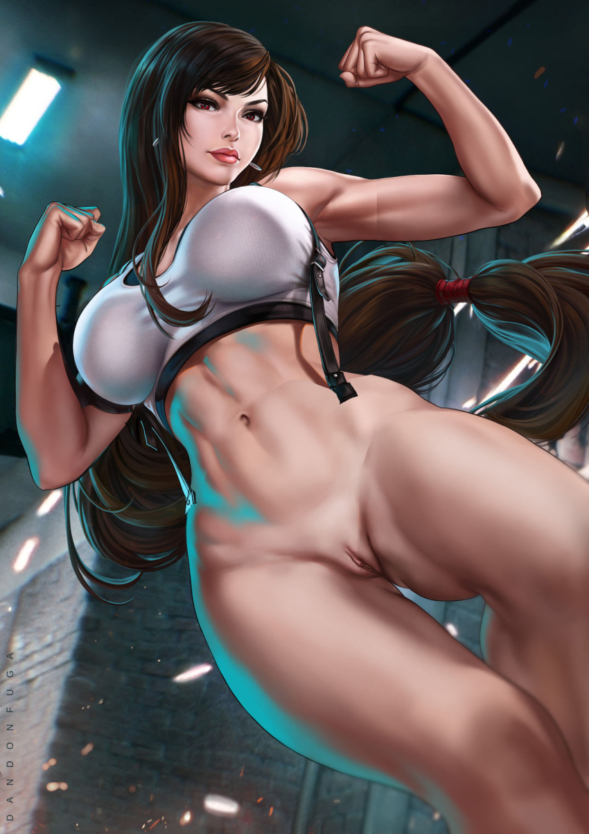 abs alluring athletic_female black_hair breasts dandon_fuga female_abs final_fantasy final_fantasy_vii final_fantasy_vii_remake fit_female long_hair naked_from_the_waist_down pussy red_eyes shaved_pussy sports_bra sports_bra_only square_enix tifa_lockhart toned toned_female uncensored