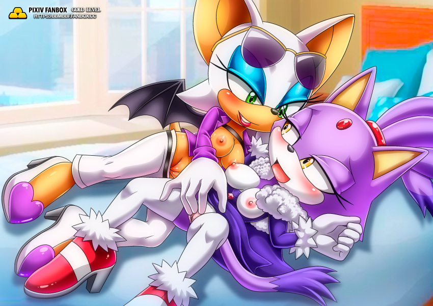 bbmbbf blaze_the_cat blush breasts erect_nipples eyeshadow high_heels horny lipstick looking_at_another makeup mobius_unleashed palcomix purple_fur pussy rouge_the_bat rubbing_pussy sega shades sonic_(series) sonic_the_hedgehog_(series) the_murder_of_sonic_the_hedgehog white_fur