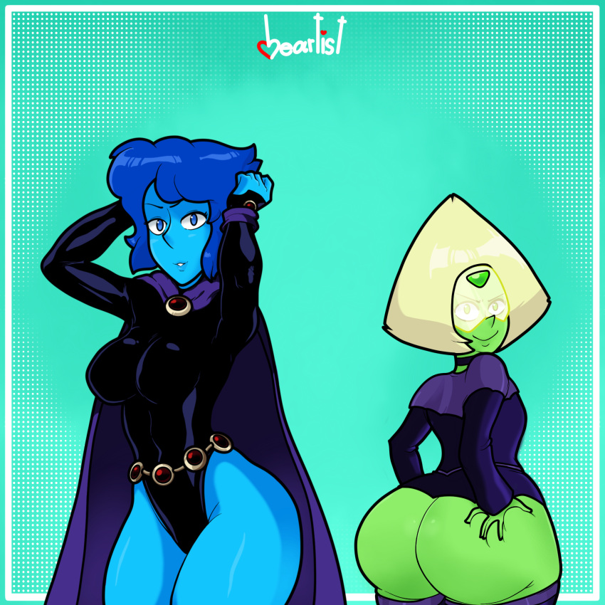 2girls ass ass_grab belt big_ass big_breasts blue_body blue_eyes blue_hair blue_skin breasts cartoon_network cloak cosplay crossover crossover_cosplay dat_ass dc_comics female_only green_body green_skin grin heartist huge_ass huge_breasts jinx jinx_(cosplay) lapis_lazuli_(steven_universe) large_ass leotard looking_at_viewer multiple_girls peridot_(steven_universe) raven_(cosplay) raven_(dc) short_hair smile smiling_at_viewer steven_universe teen_titans tight_clothes tight_clothing tight_leotard