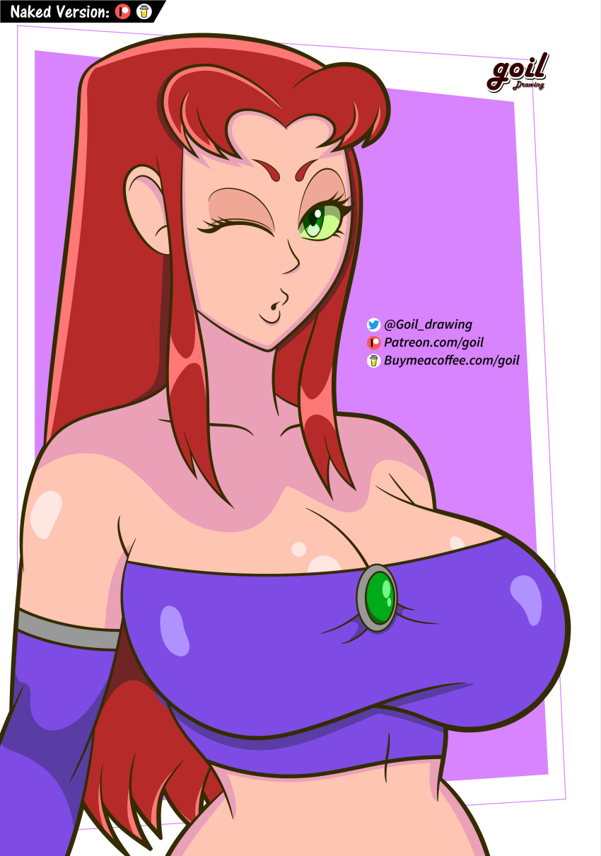 1girl big_breasts blowing_kiss breasts chest_jewel cleavage dc_comics female_only goil_drawing green_eyes huge_breasts koriand'r midriff orange_hair orange_skin patreon starfire teen_titans tubetop winking_at_viewer