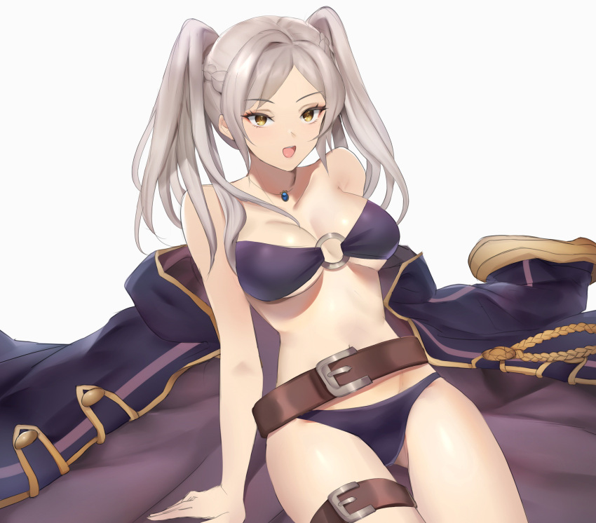 1girl 1girl absurd_res alluring bad_id bad_twitter_id belt big_breasts bikini breasts cleavage fire_emblem fire_emblem_awakening fire_emblem_heroes high_res jacket jewelry looking_at_viewer nintendo pendant robin_(fire_emblem) smile swimsuit thigh_strap twin_tails under_boob white_hair yellow_eyes yoru_(yowuyoru)
