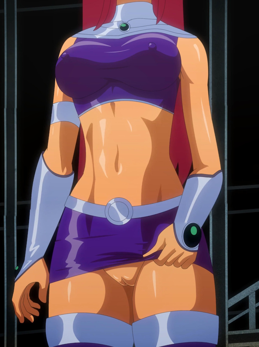 1girl aehentai big_breasts breasts clothing dc_comics edit erect_nipples erect_nipples_under_clothes hips koriand'r navel nipples no_panties pussy screencap shaved_pussy skin_tight skirt skirt_lift slappyfrog starfire stitched teen_titans thick_thighs thighs third-party_edit topwear tummy young_adult