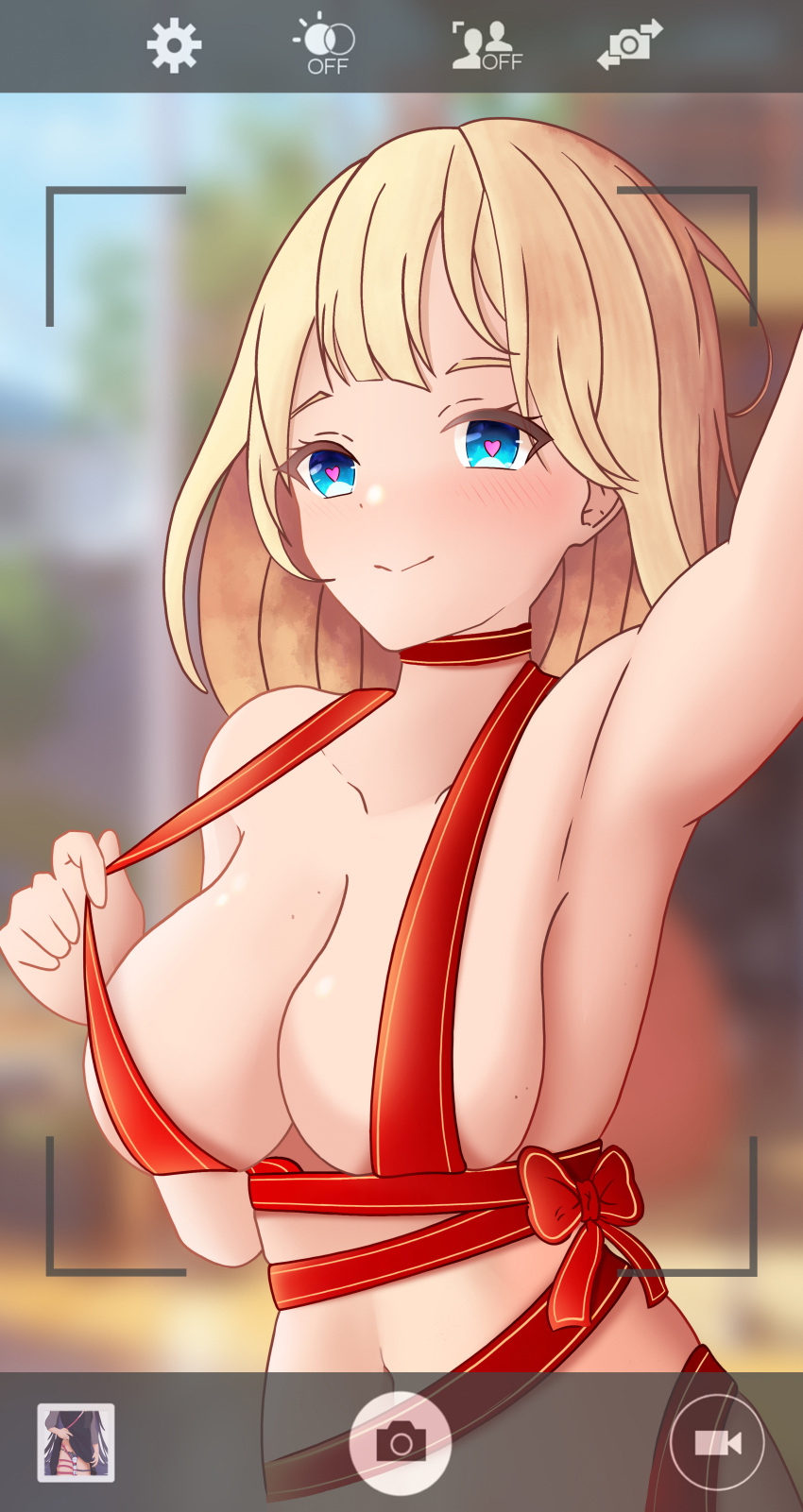 absurd_res amrb big_breasts blonde_hair bow breasts christmas cleavage gift_wrapping heart heart-shaped_pupils high_res hololive hololive_english naked_ribbon red_ribbon ribbon selfpic symbol-shaped_pupils virtual_youtuber watson_amelia