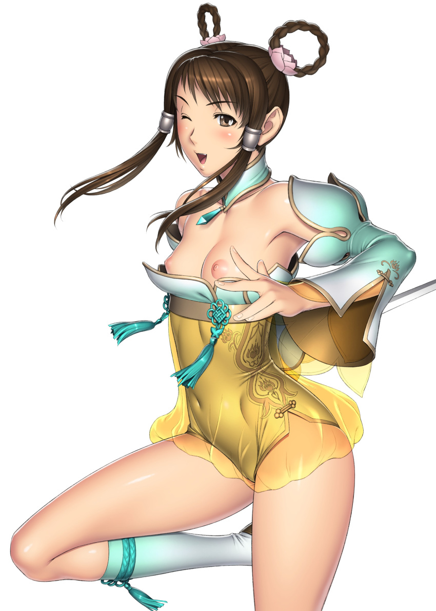 1girl 1girl absurd_res alluring areola blush breasts brown_eyes brown_hair cameltoe cleft_of_venus high_res kansuke looking_at_viewer nipples no_bra one_eye_closed open_mouth simple_background smile soul_calibur soulcalibur standing white_background wink yan_leixia