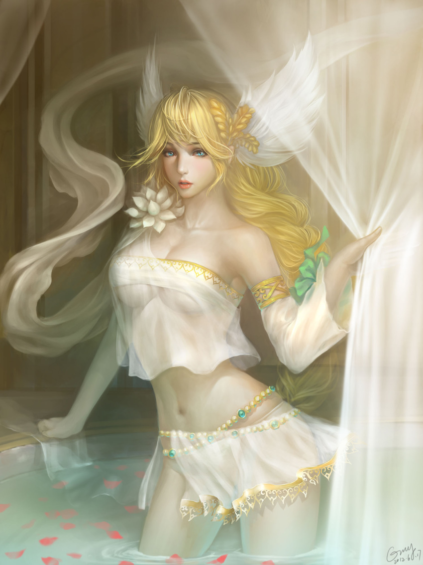 10s 1girl 1girl 2012 alluring bare_shoulders big_breasts blonde_hair blue_eyes bracelet braid breasts cleavage crop_top crop_top_overhang dated detached_sleeves elysium feathers flower goddess hair_ornament head_wings high_res jewelry lips long_hair looking_at_viewer lots_of_jewelry midriff miniskirt nose orry parted_lips petals realistic see-through signature skindentation skirt soul_calibur under_boob water