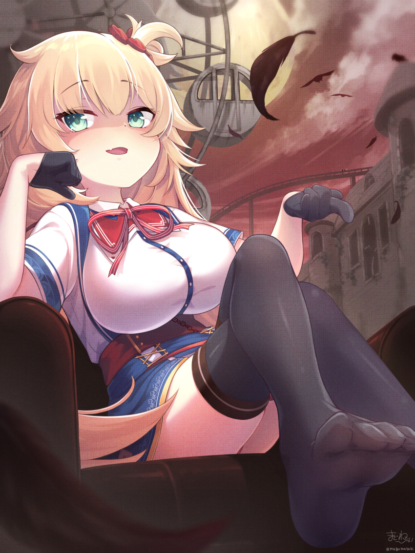 1girl akai_haato bird black_gloves black_legwear blonde building eyebrows_visible_through_hair fang feathers ferris_wheel footwear_removed gloves half_gloves hand_on_own_cheek heart high_resolution hololive magowasabi open_mouth red_sky sitting skin_fang sky stockings tied_hair virtual_youtuber